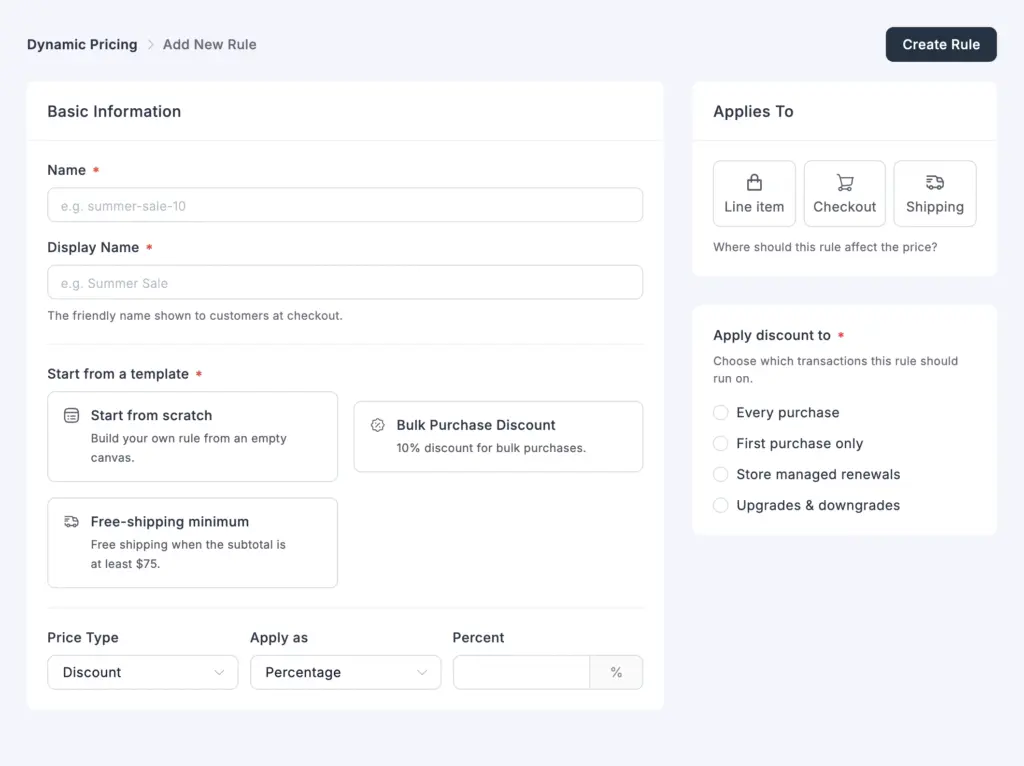 The Add New Rule screen in Dynamic Pricing