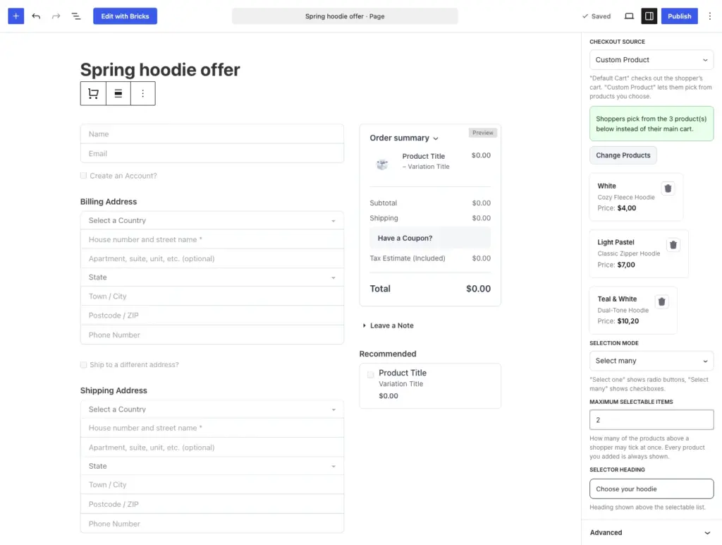 The Products panel of the Checkout Page block