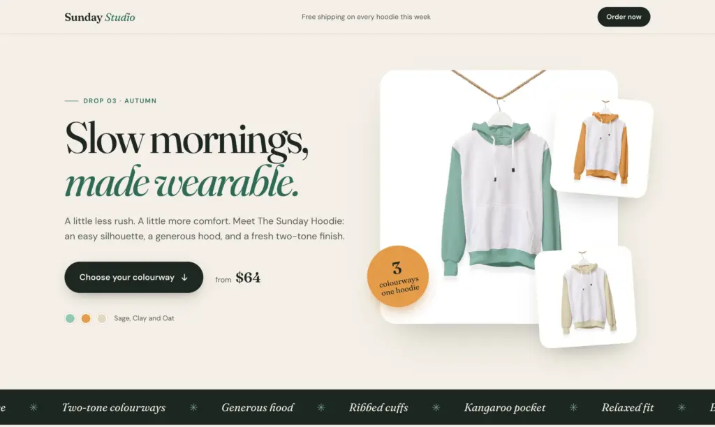 A demo landing page for one hoodie in three colourways