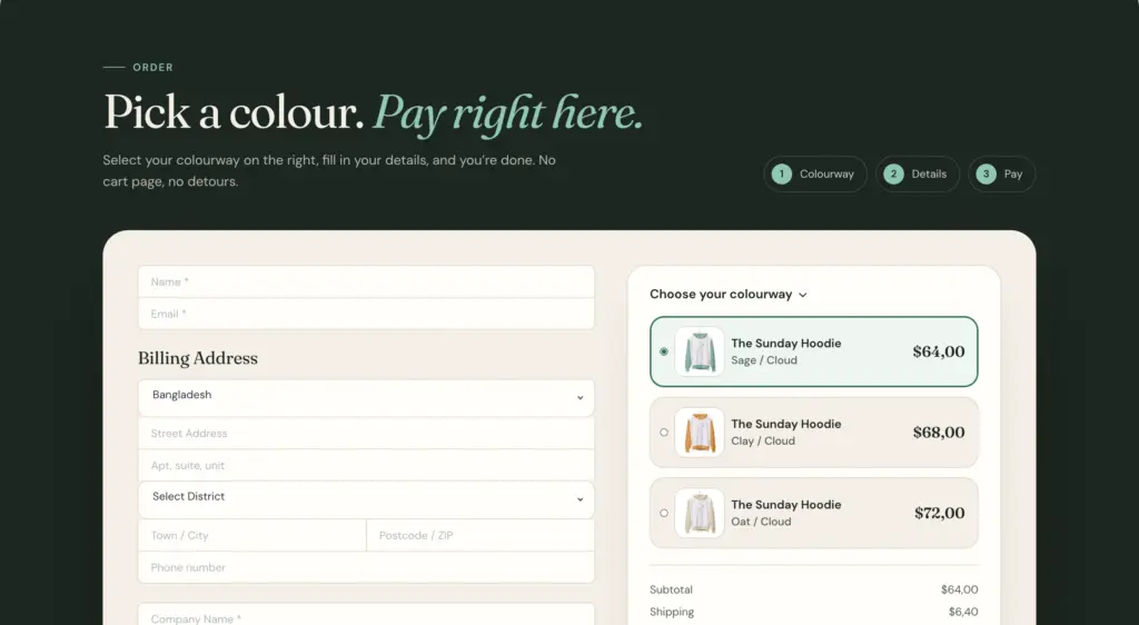 The on-page checkout on the demo landing page