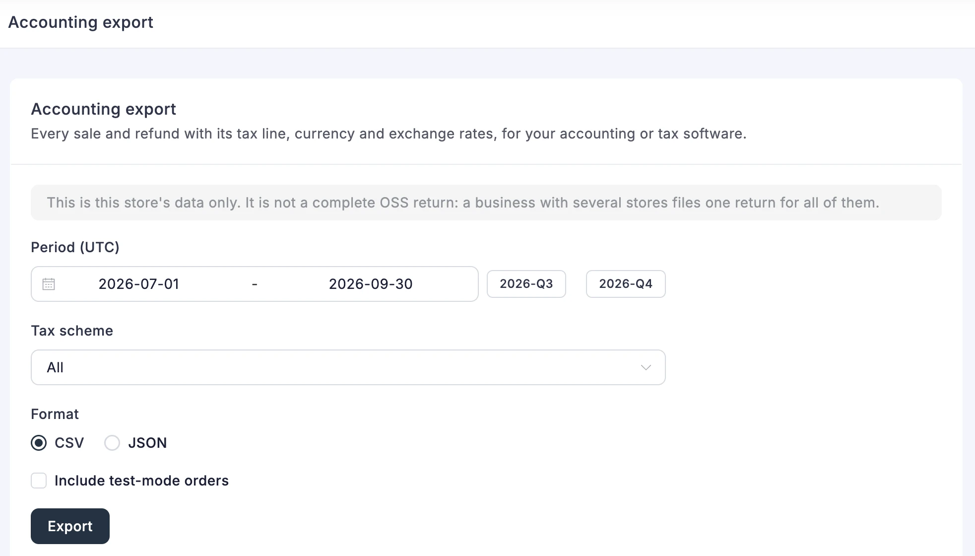 The Accounting export screen under Reports