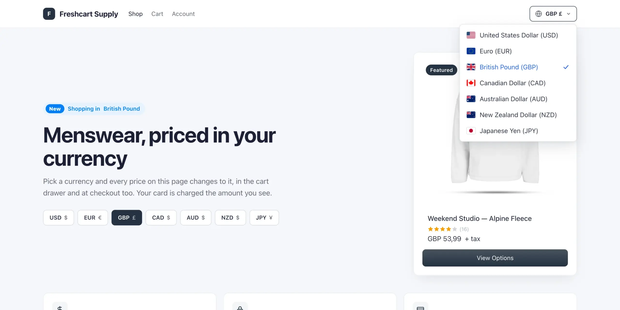 The currency switcher open on a demo shop page