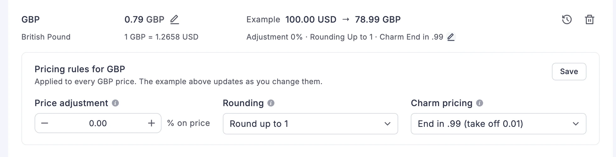 Pricing rules for British pounds with an example of 78.99 GBP