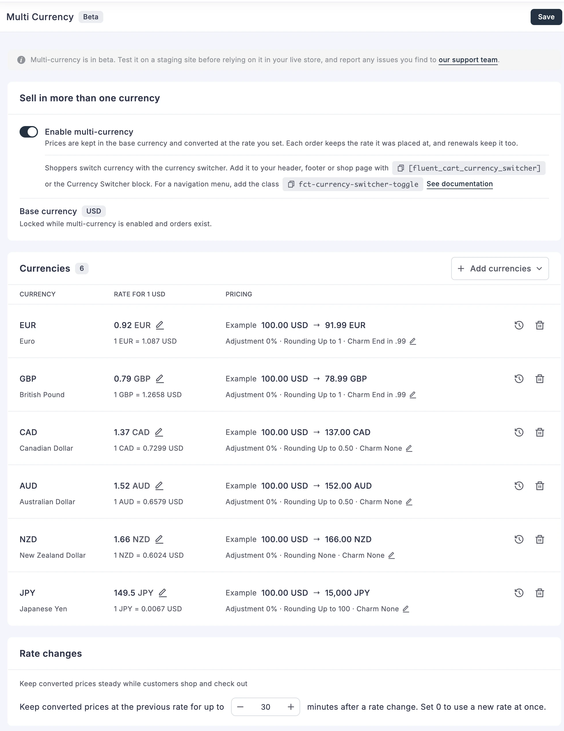 The Multi Currency settings screen with the beta notice