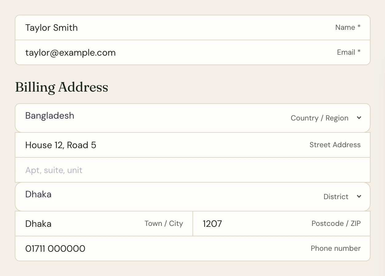 A checkout with Docked field labels