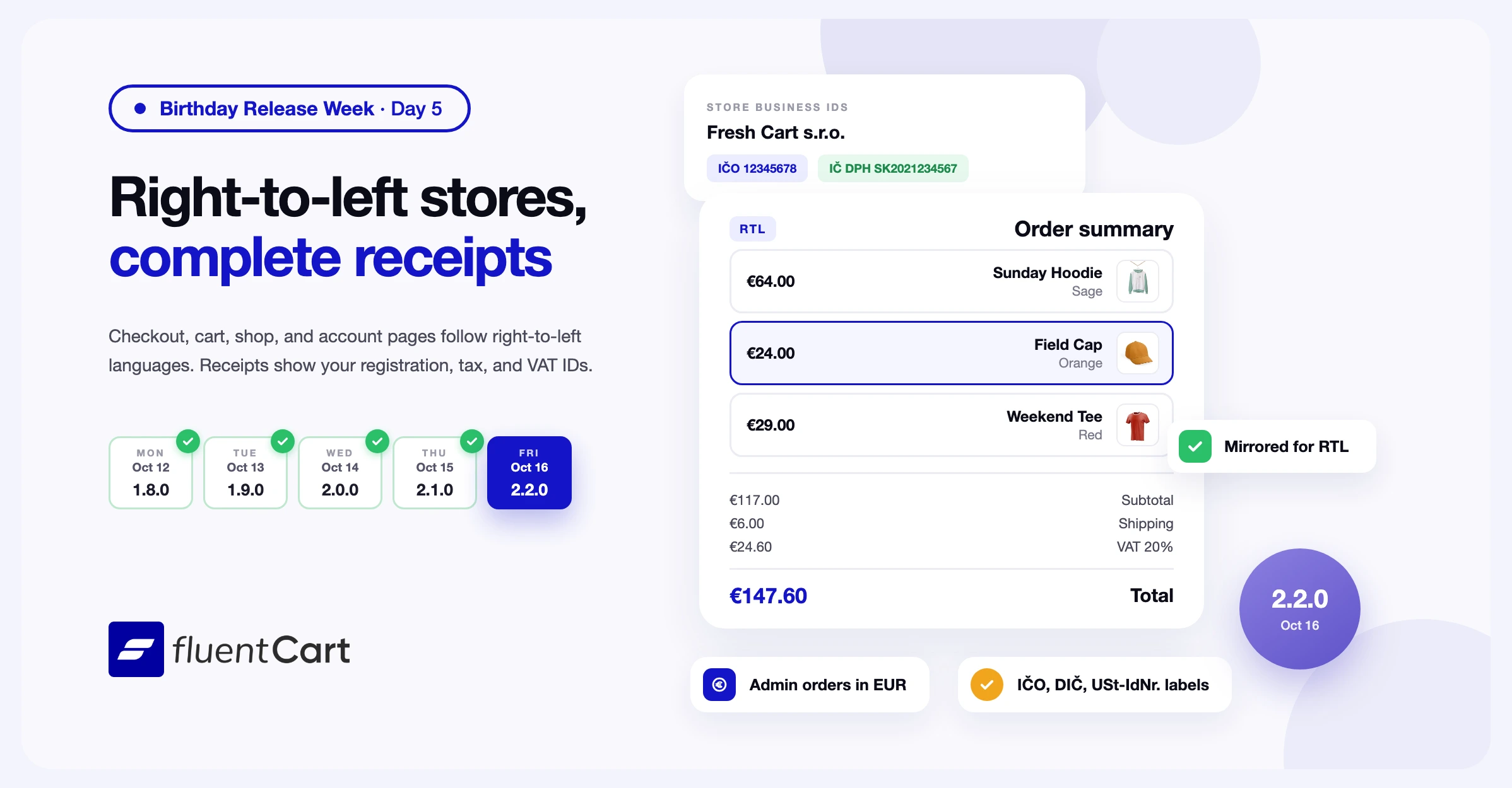 FluentCart 2.2.0 banner with a right-to-left order summary and a store's Slovak business IDs