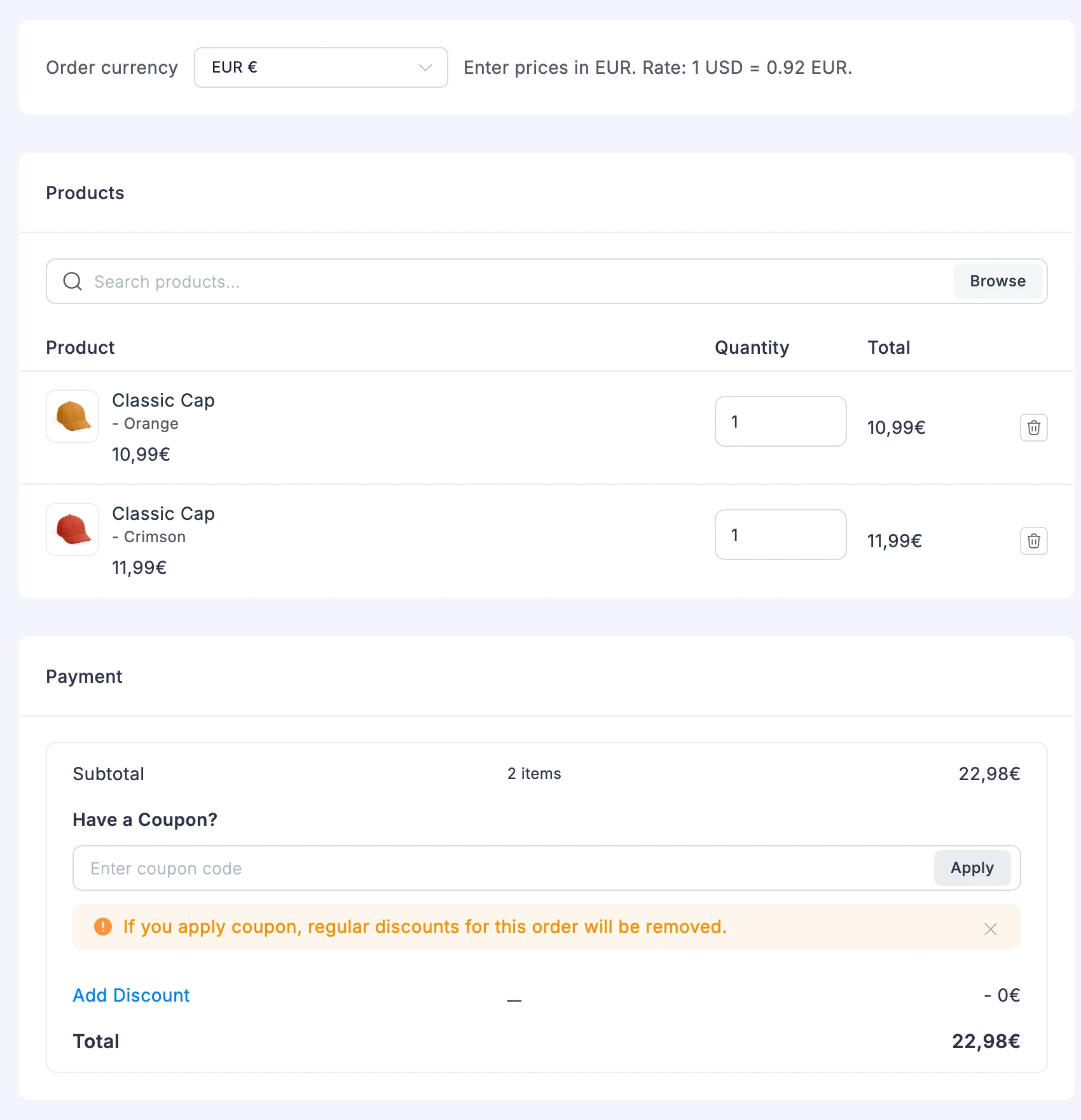 The Create Order screen with EUR as the order currency