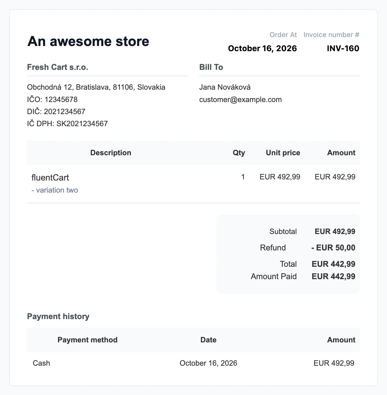 A FluentCart receipt showing the store's IČO, DIČ, and IČ DPH numbers
