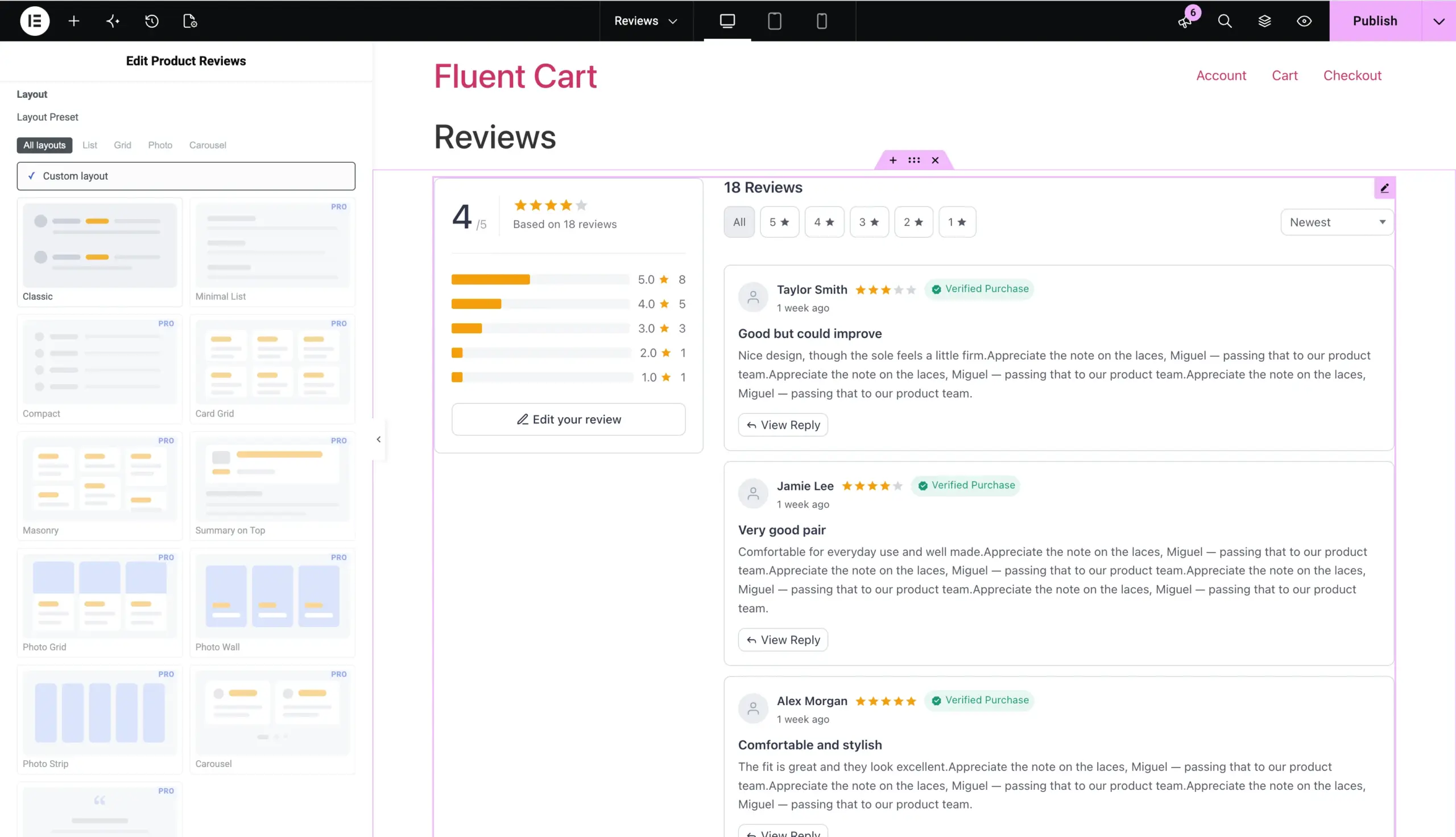 The Layout Preset picker without FluentCart Pro