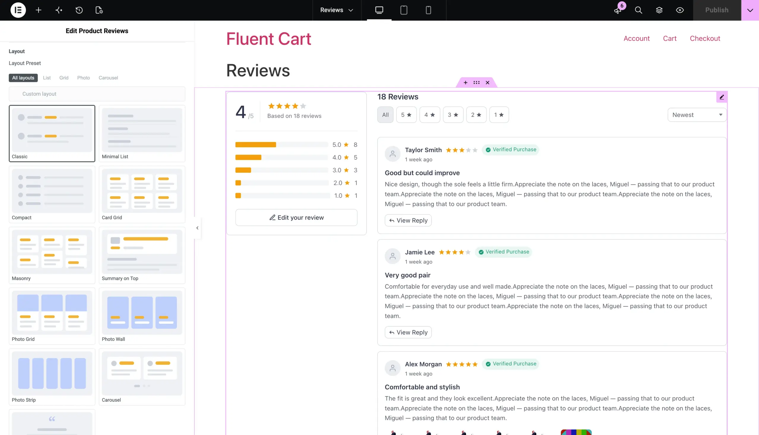 The Layout Preset picker in the Elementor panel