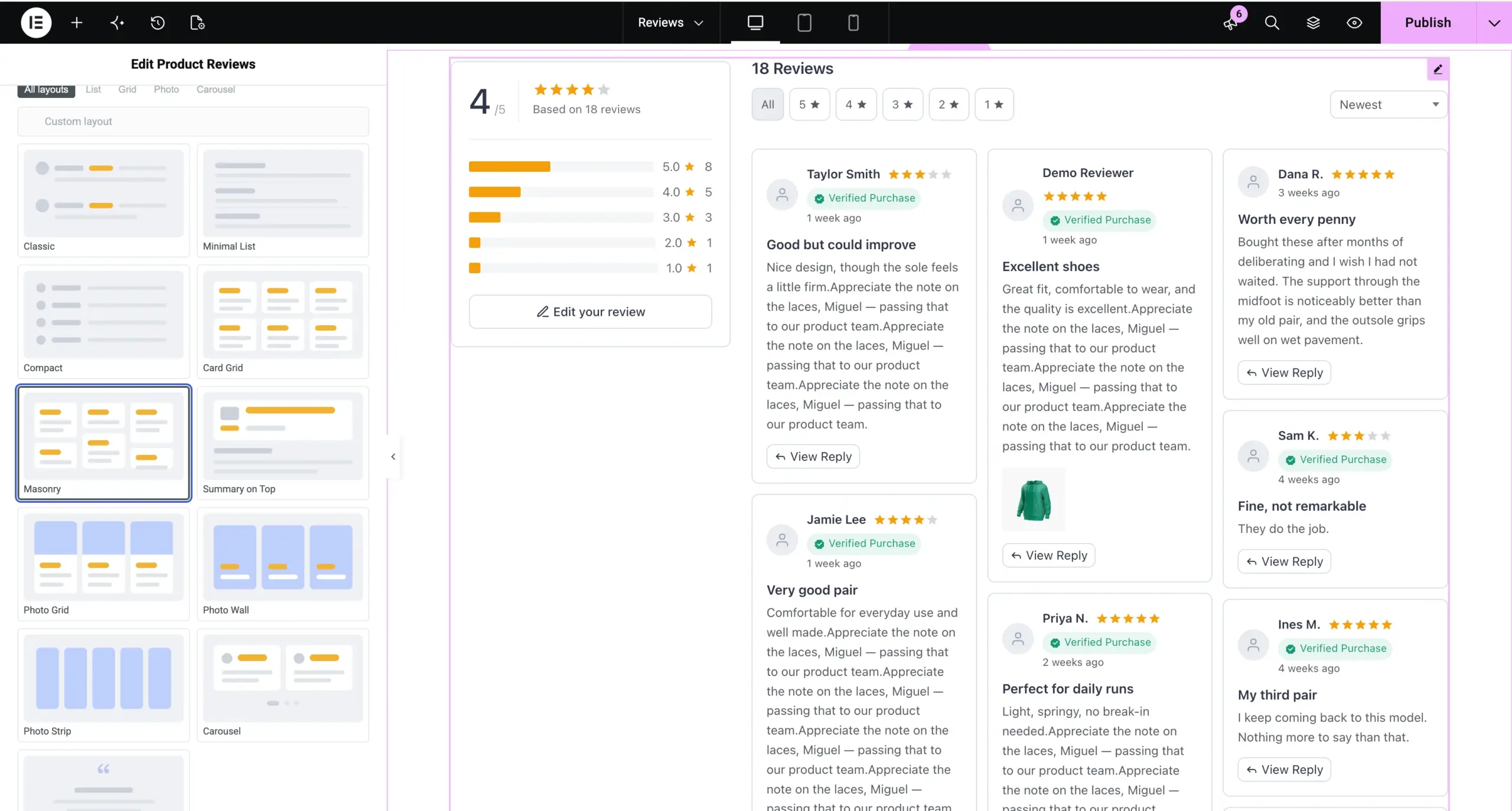 The Masonry layout in the Elementor editor