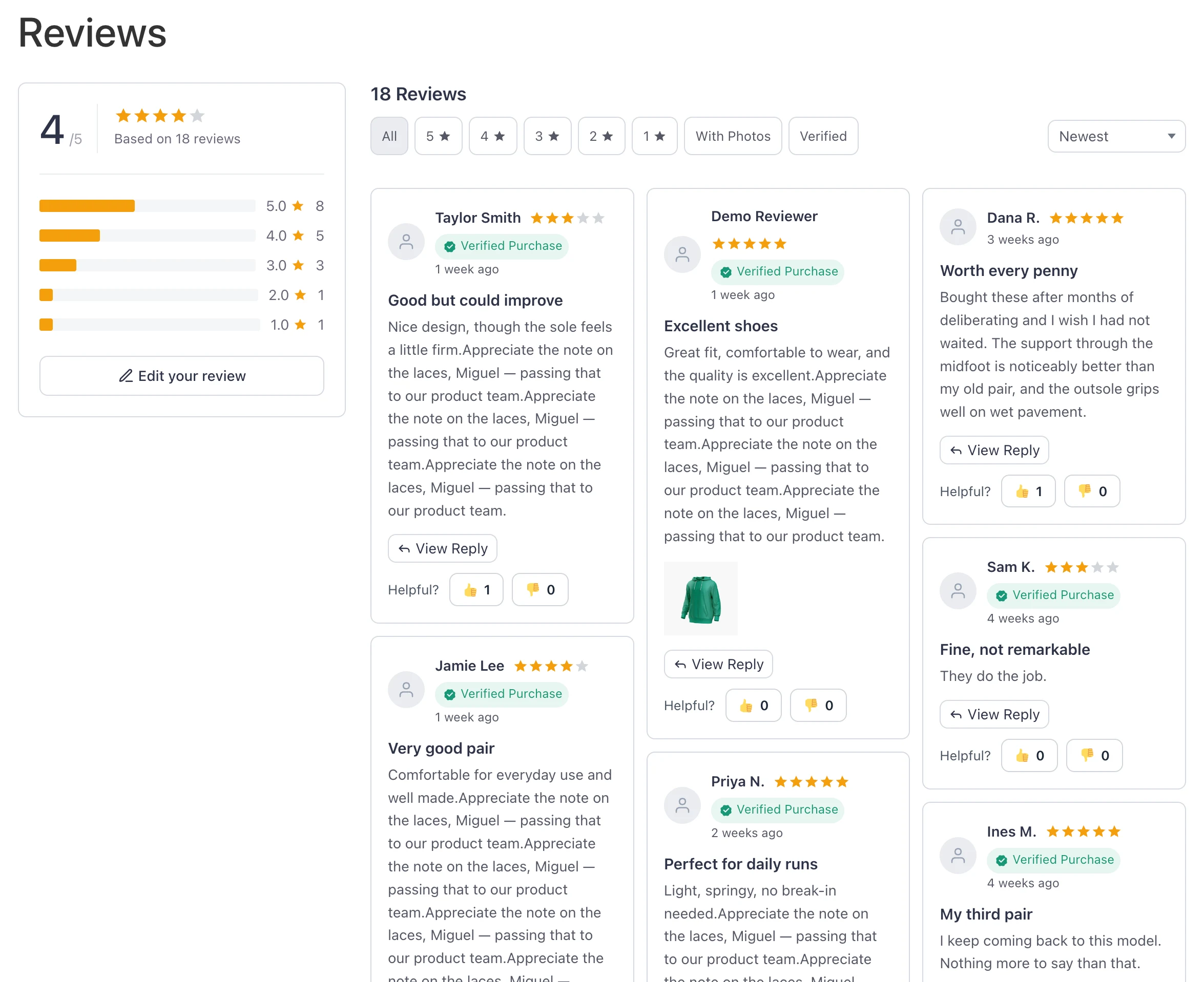 The Product Reviews widget on a product page